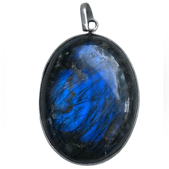 Large Oval Fire Labradorite Sterling Silver Bail Pendant - Picture 6 of 7